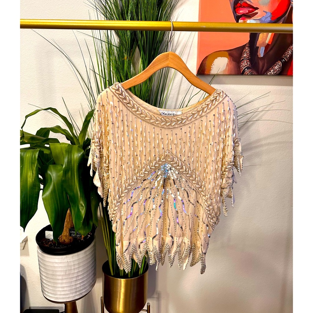 Saks Fifth Avenue Sequin Pearl Fringe Top - Size Medium?